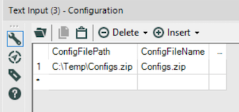 Text Input tool configured with the column "ConfigFilePath" and value "C:\Temp\Configs.zip" followed by column "ConfigFileName" and value "Configs.zip"
