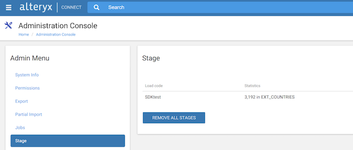 Admin panel with Stage selected