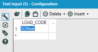 Text Input tool configured with the column "LOAD_CODE" and value "SDKtest"